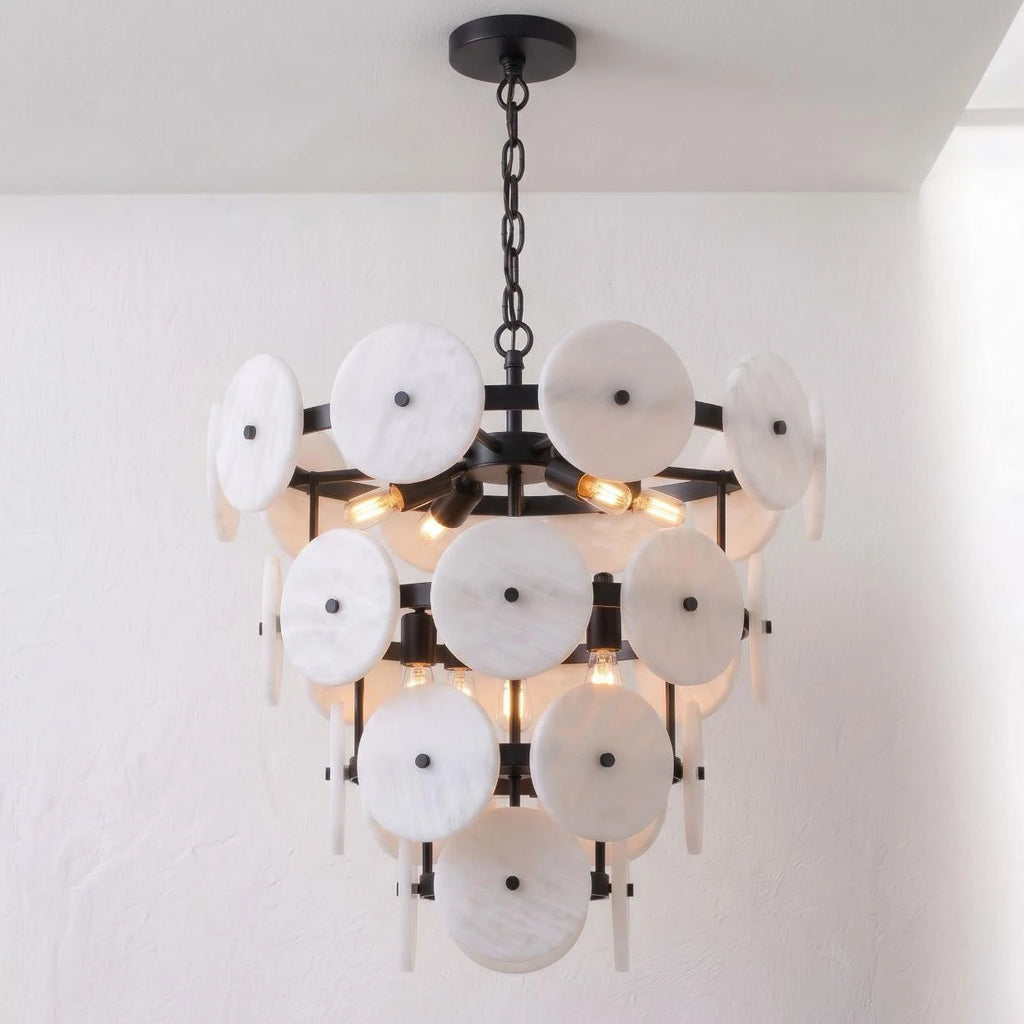 Selavienne Tiered Alabaster Disc Chandelier — Dia 56cm x H 60cm / ∅ 22″ x H 23.6″ / Matte Black