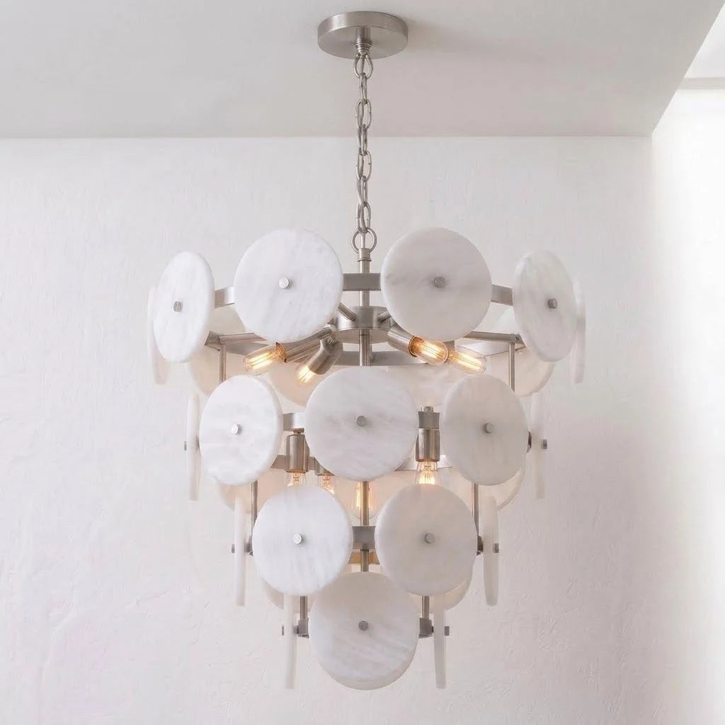 Selavienne Tiered Alabaster Disc Chandelier — Dia 56cm x H 60cm / ∅ 22″ x H 23.6″ / Brushed Nickel