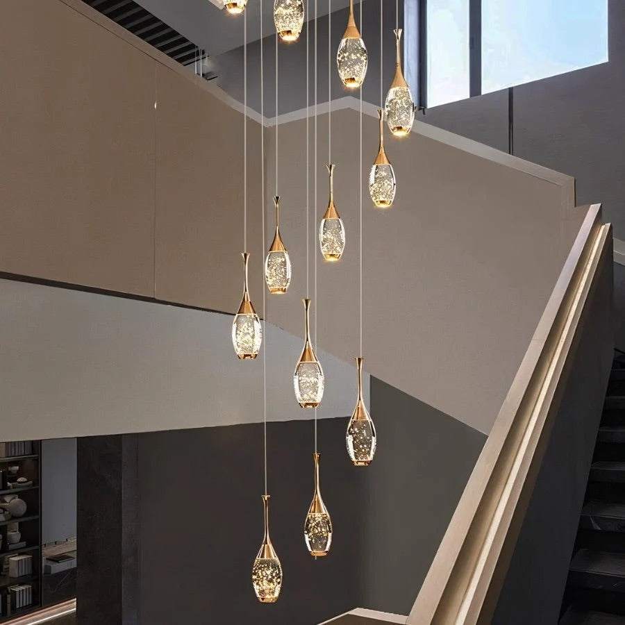 Setya Long Drop Crystal Chandelier foyer view for high ceiling entryway