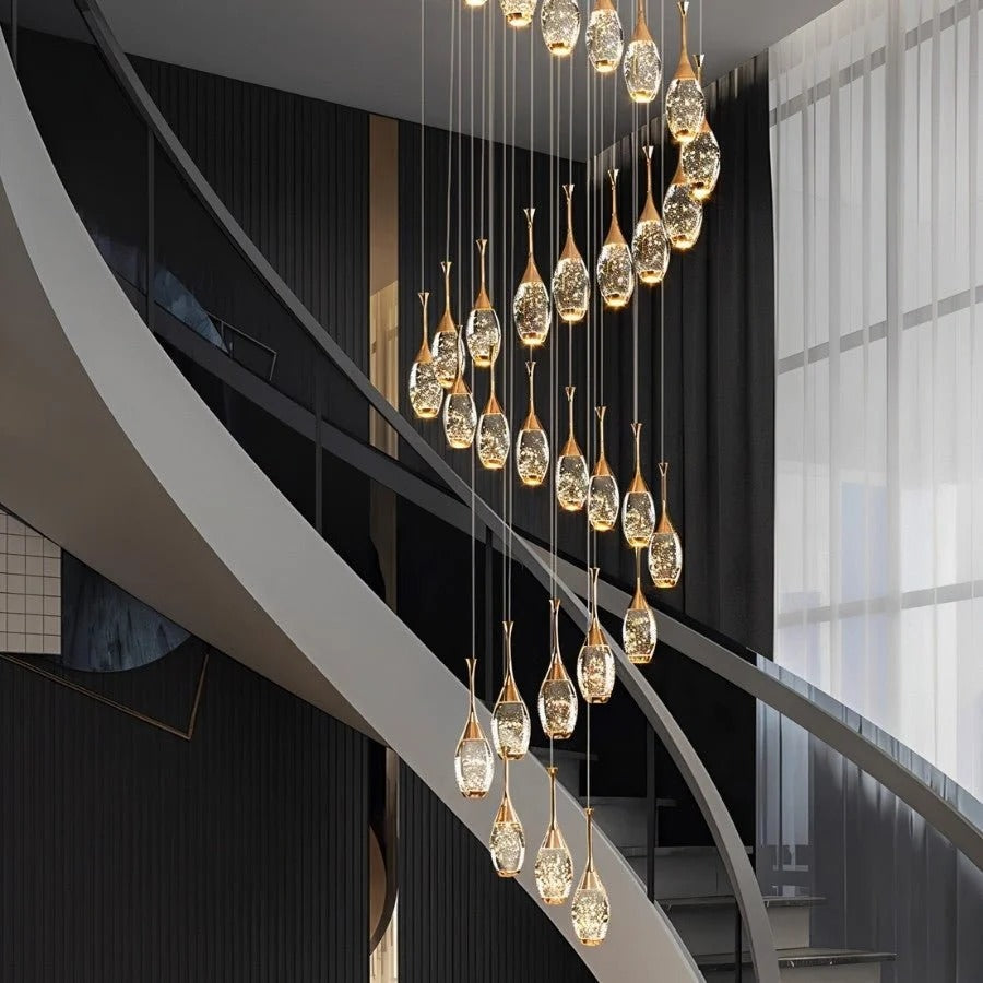 Setya Long Drop Crystal Chandelier installation view for staircase and foyer