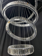 6 Tier Crystal Ring Chandelier for High Ceiling chrome finish bottom ring and crystal rod detail