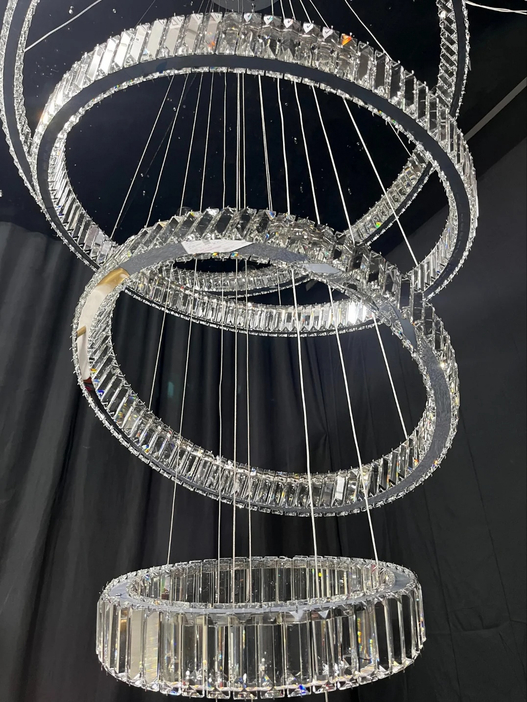 6 Tier Crystal Ring Chandelier for High Ceiling chrome finish bottom ring and crystal rod detail