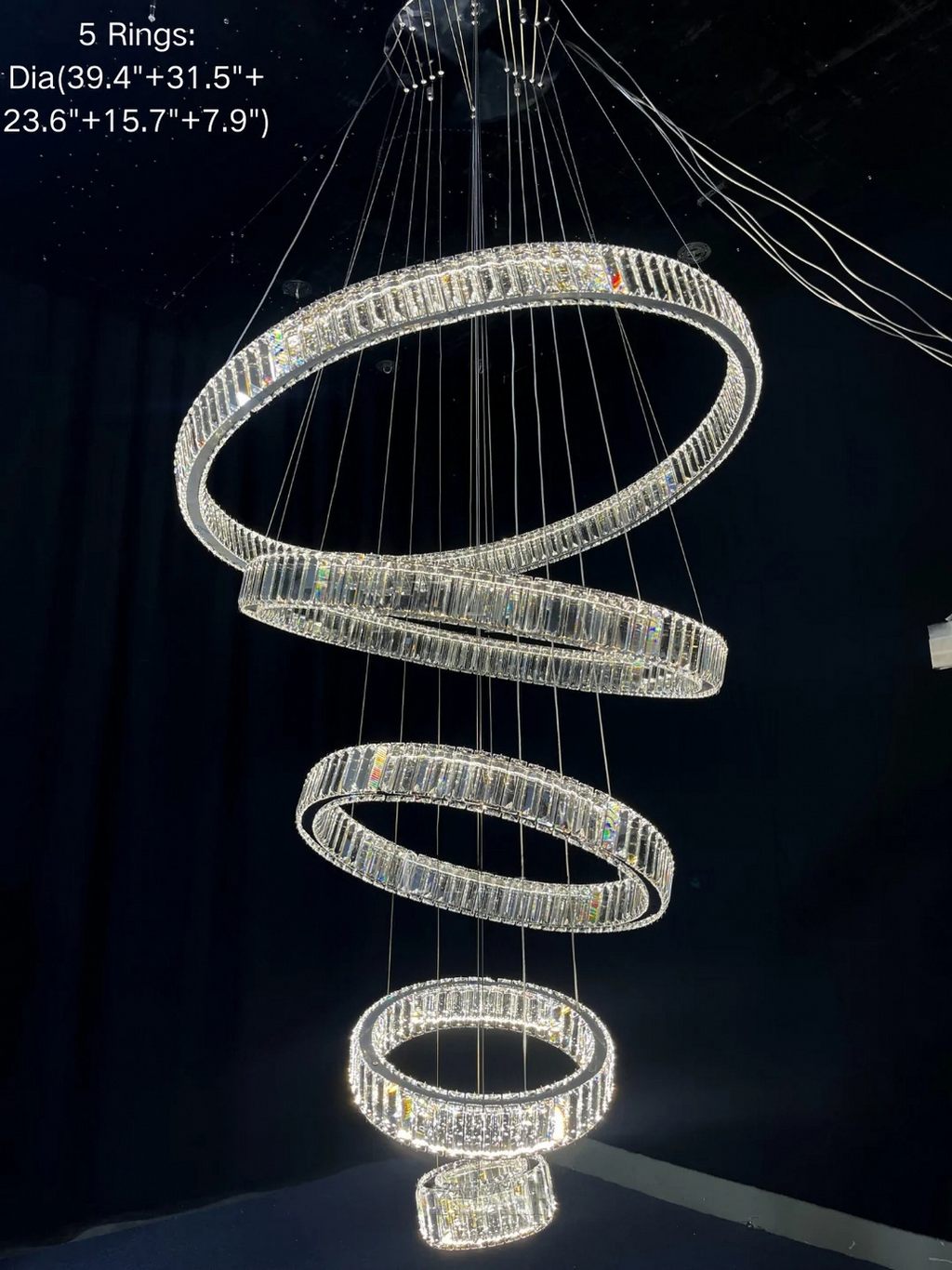 6 Tier Crystal Ring Chandelier for High Ceiling chrome finish five ring product view on black background