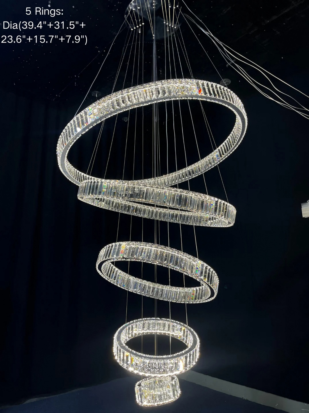 6 Tier Crystal Ring Chandelier for High Ceiling chrome finish five ring product view on black background