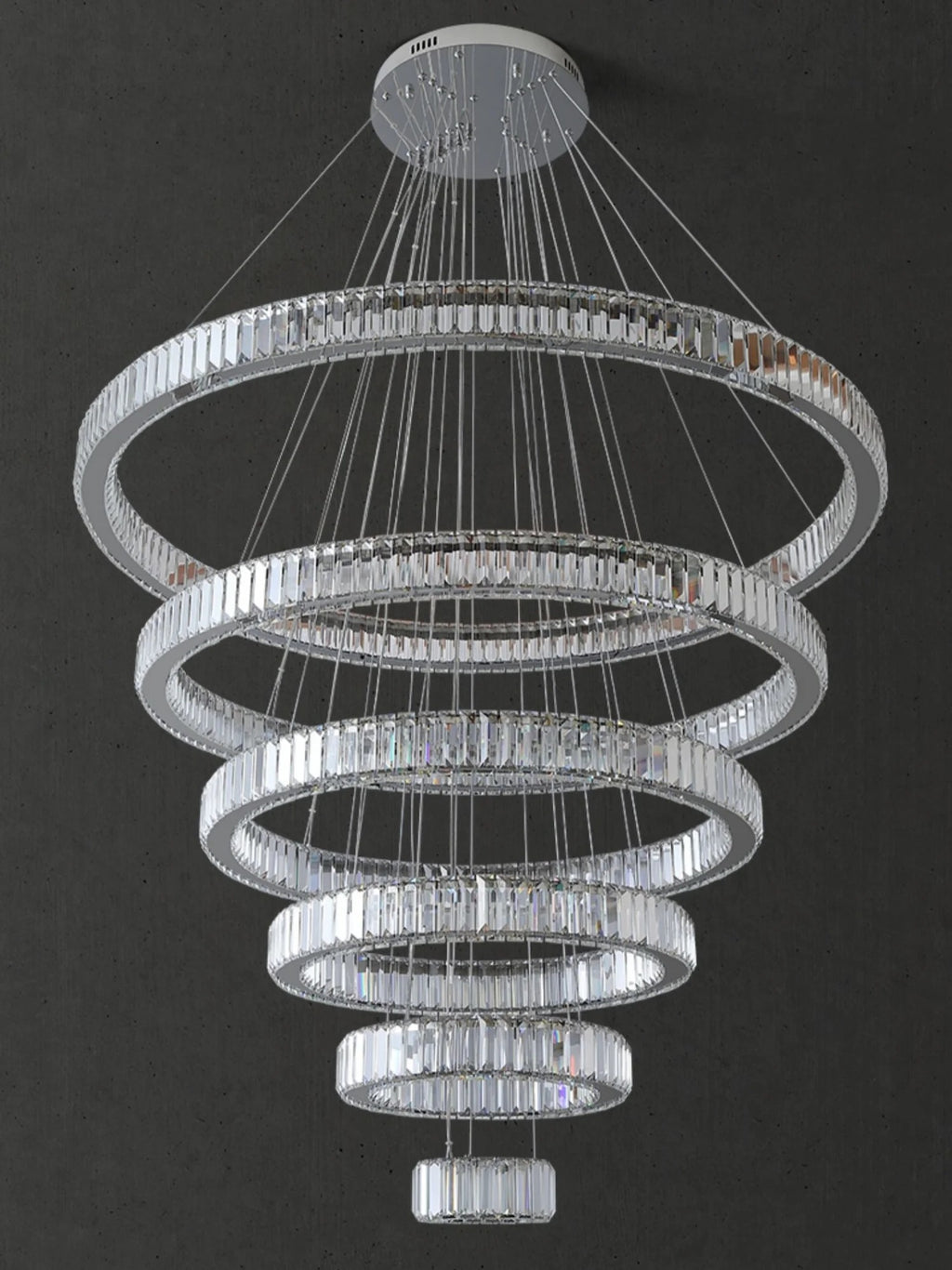 6 Tier Crystal Ring Chandelier for High Ceiling chrome finish front product view with layered crystal rings