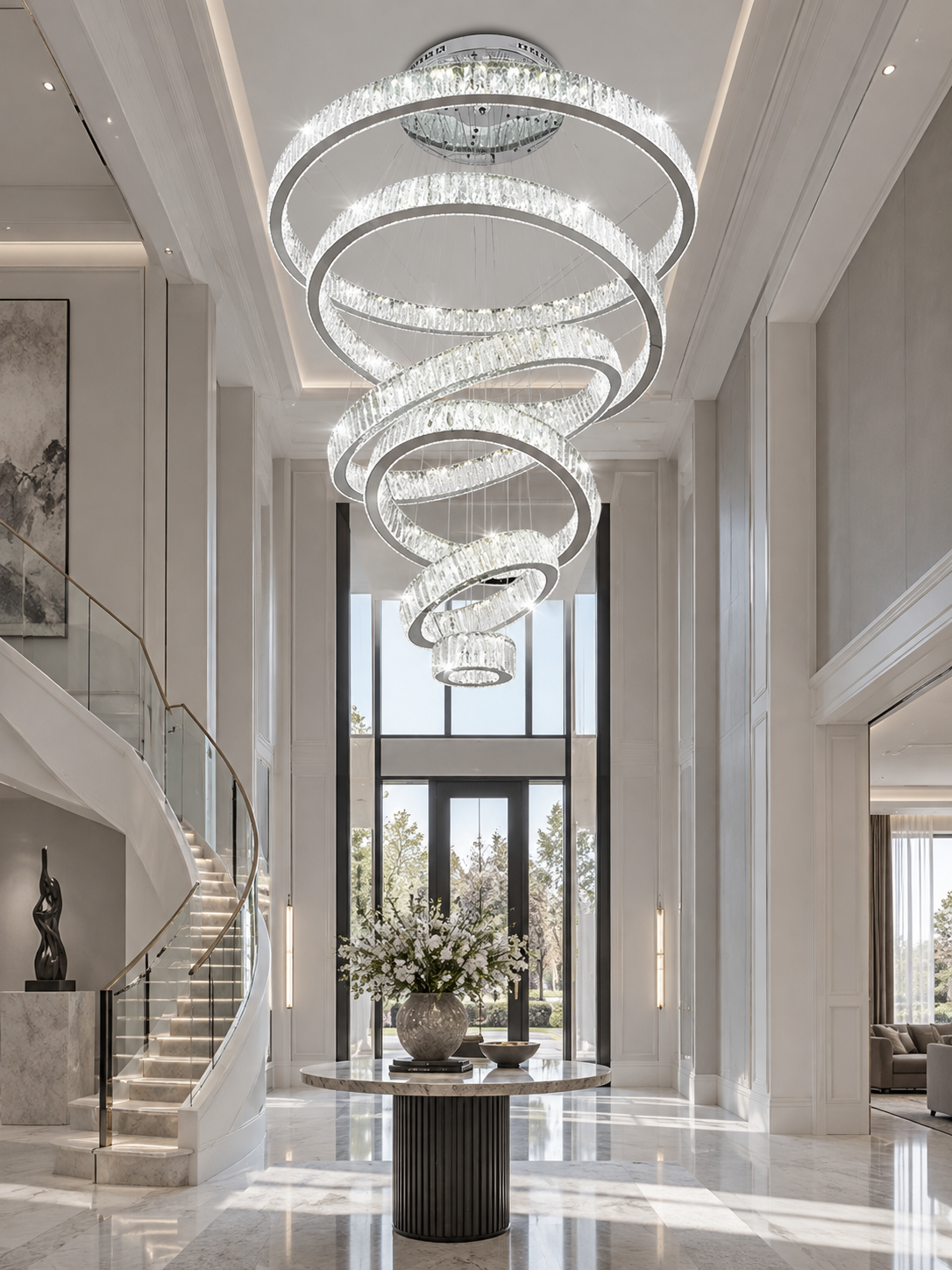 Muti-tier Crystal Ring Chandelier for High Ceiling chandelier in a tall interior