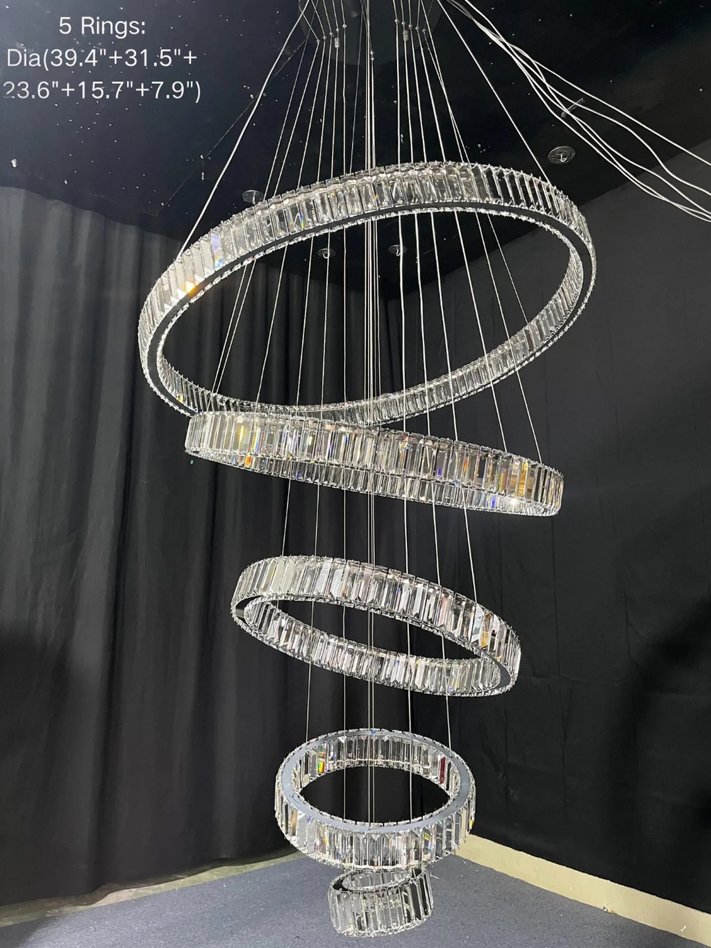 6 Tier Crystal Ring Chandelier for High Ceiling chrome finish with ring dimensions shown on black background