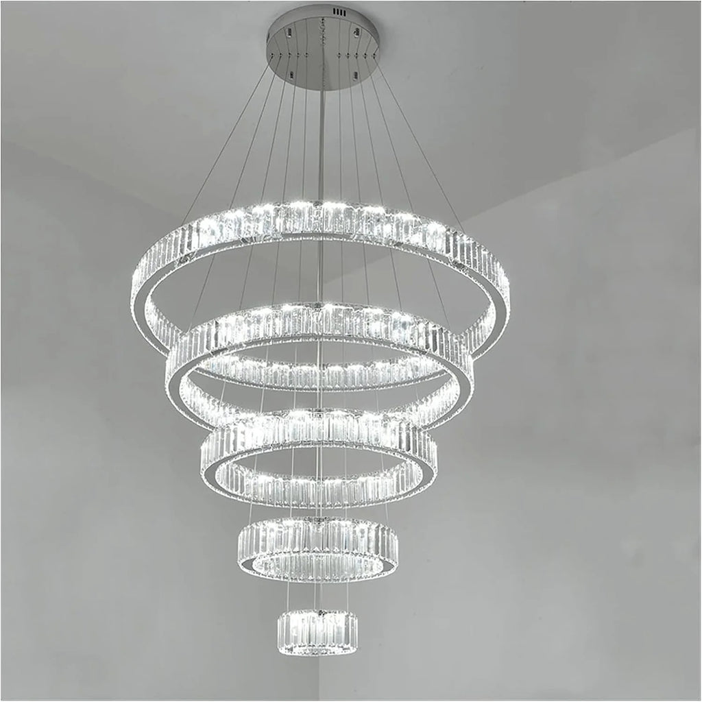 6 Tier Crystal Ring Chandelier for High Ceiling chrome finish product view on a white background