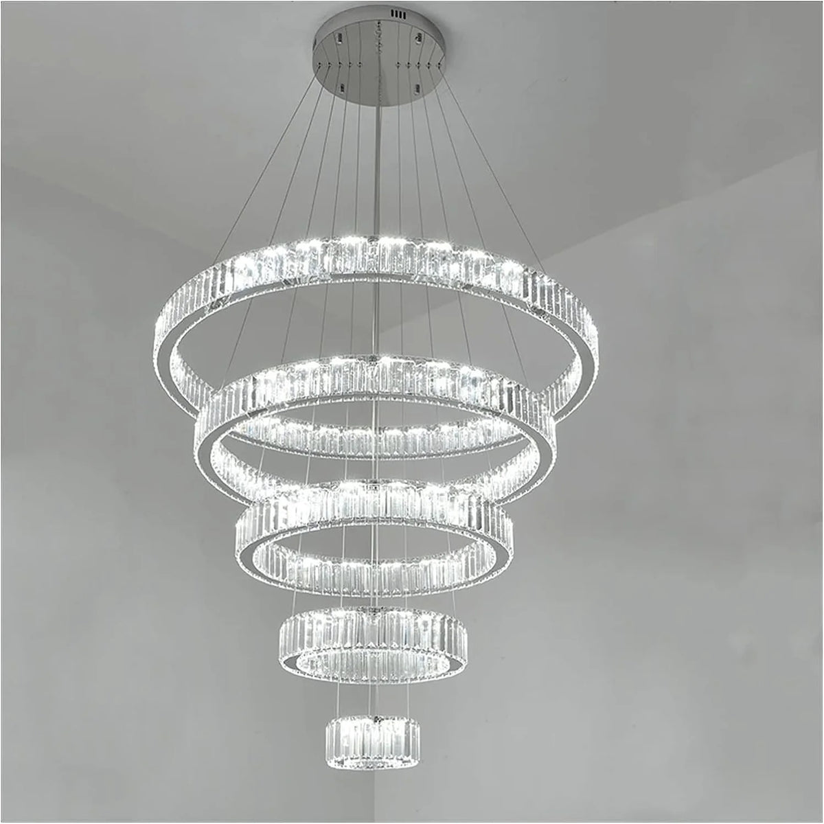 6 Tier Crystal Ring Chandelier for High Ceiling chrome finish product view on a white background