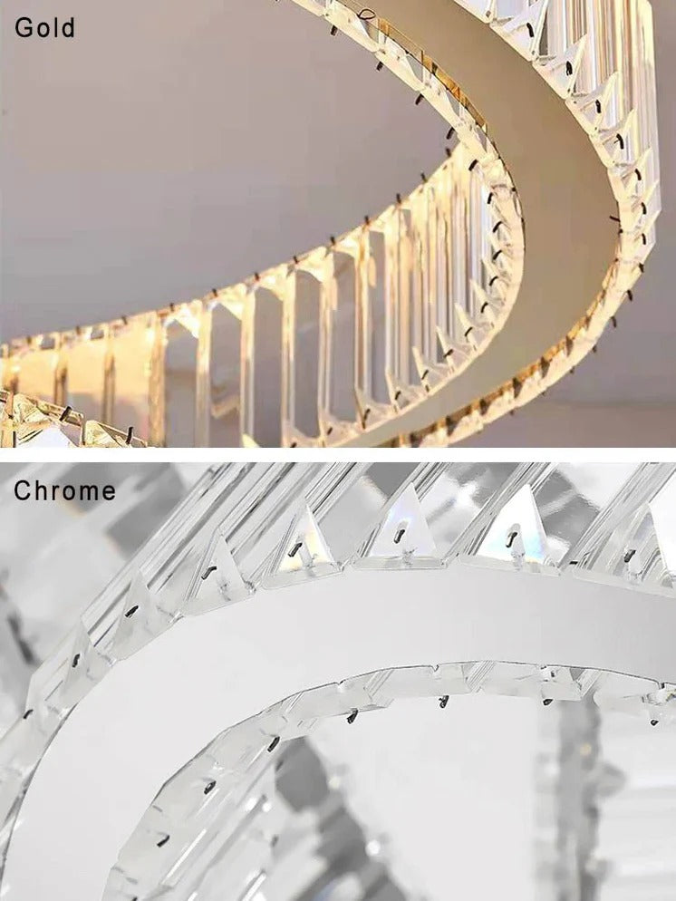 6 Tier Crystal Ring Chandelier for High Ceiling finish detail comparing gold and chrome crystal ring frames