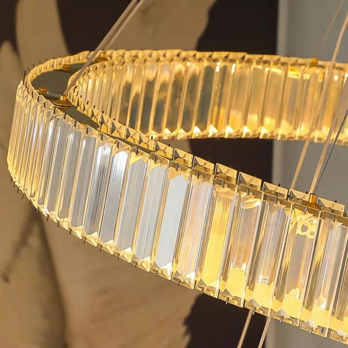 Close-up detail of 6 Tier Crystal Ring Chandelier for High Ceiling showing gold frame and clear crystal rods