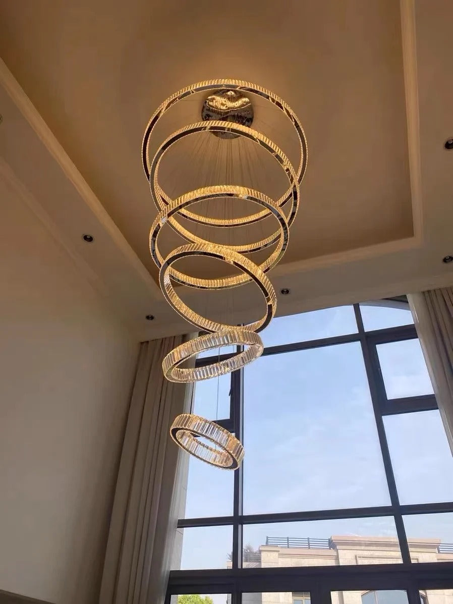 6 Tier Crystal Ring Chandelier for High Ceiling gold ring chandelier side view in a foyer