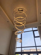 6 Tier Crystal Ring Chandelier for High Ceiling gold ring chandelier side view in a foyer
