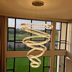 6 Tier Crystal Ring Chandelier for High Ceiling in gold finish installed in a foyer with tall windows