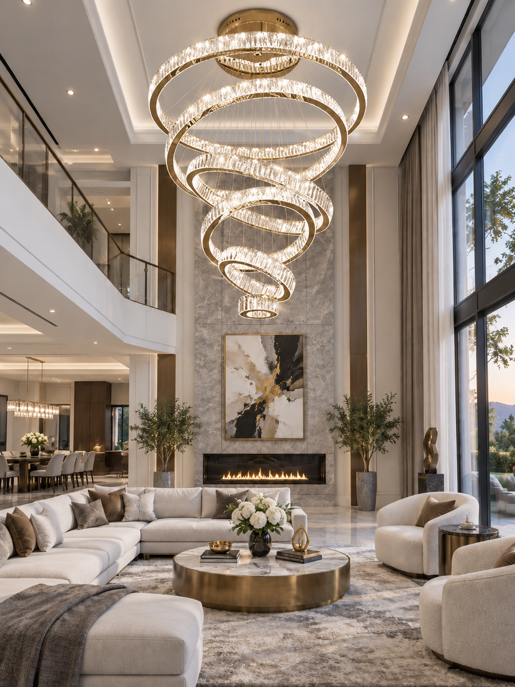 6 Tier Crystal Ring Chandelier for High Ceiling in gold finish above a luxury high ceiling living room