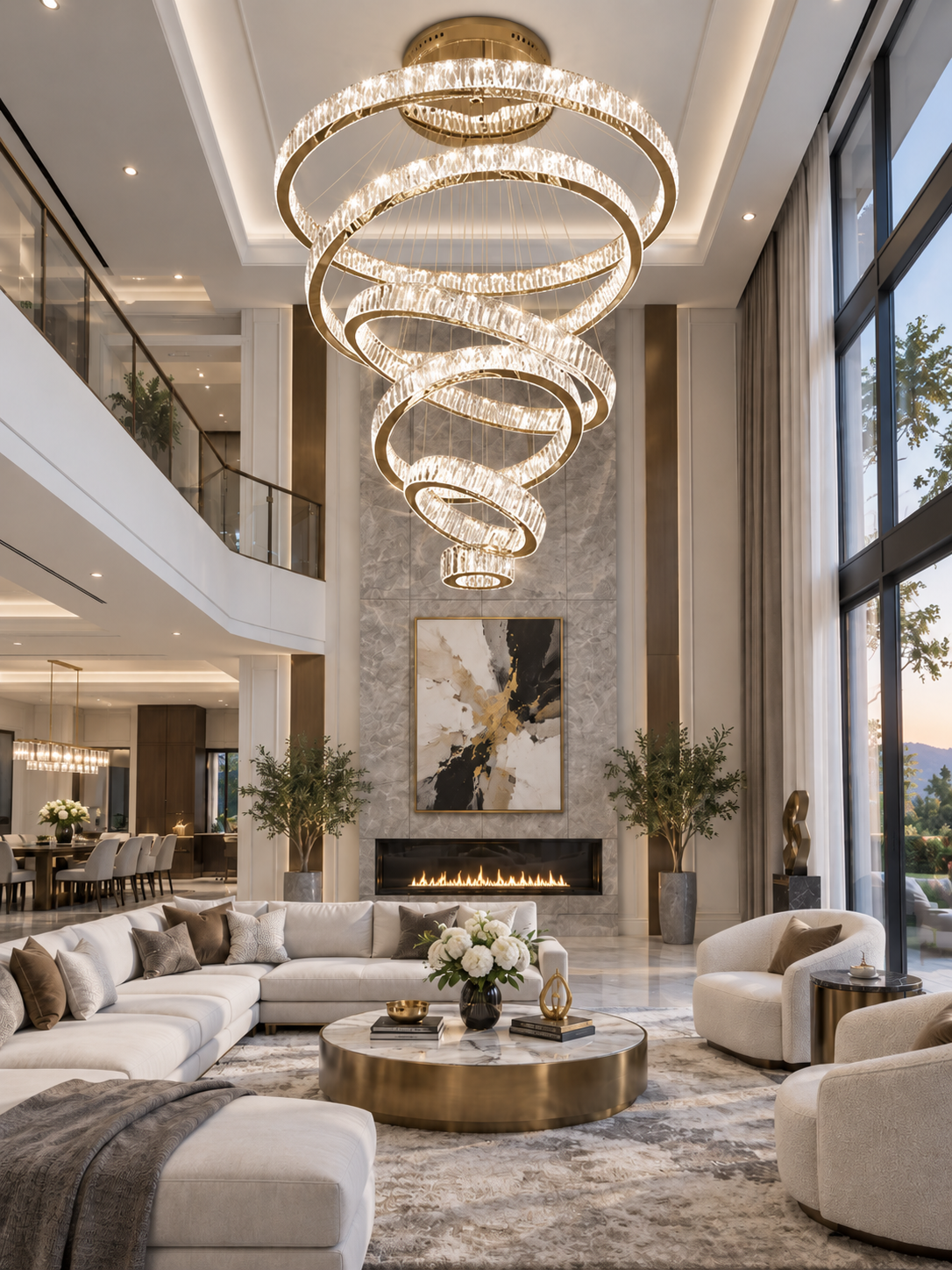 6 Tier Crystal Ring Chandelier for High Ceiling in gold finish above a luxury high ceiling living room