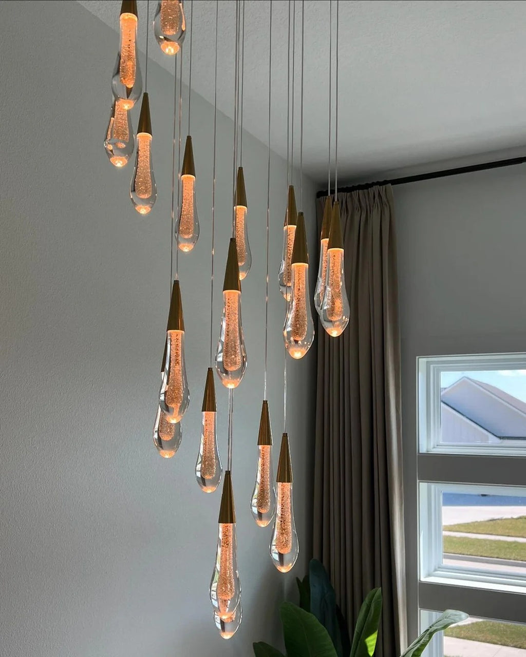 Spiral Raindrop Staircase Ceiling Lighting cascade crystal chandelier view for stairwell interiors