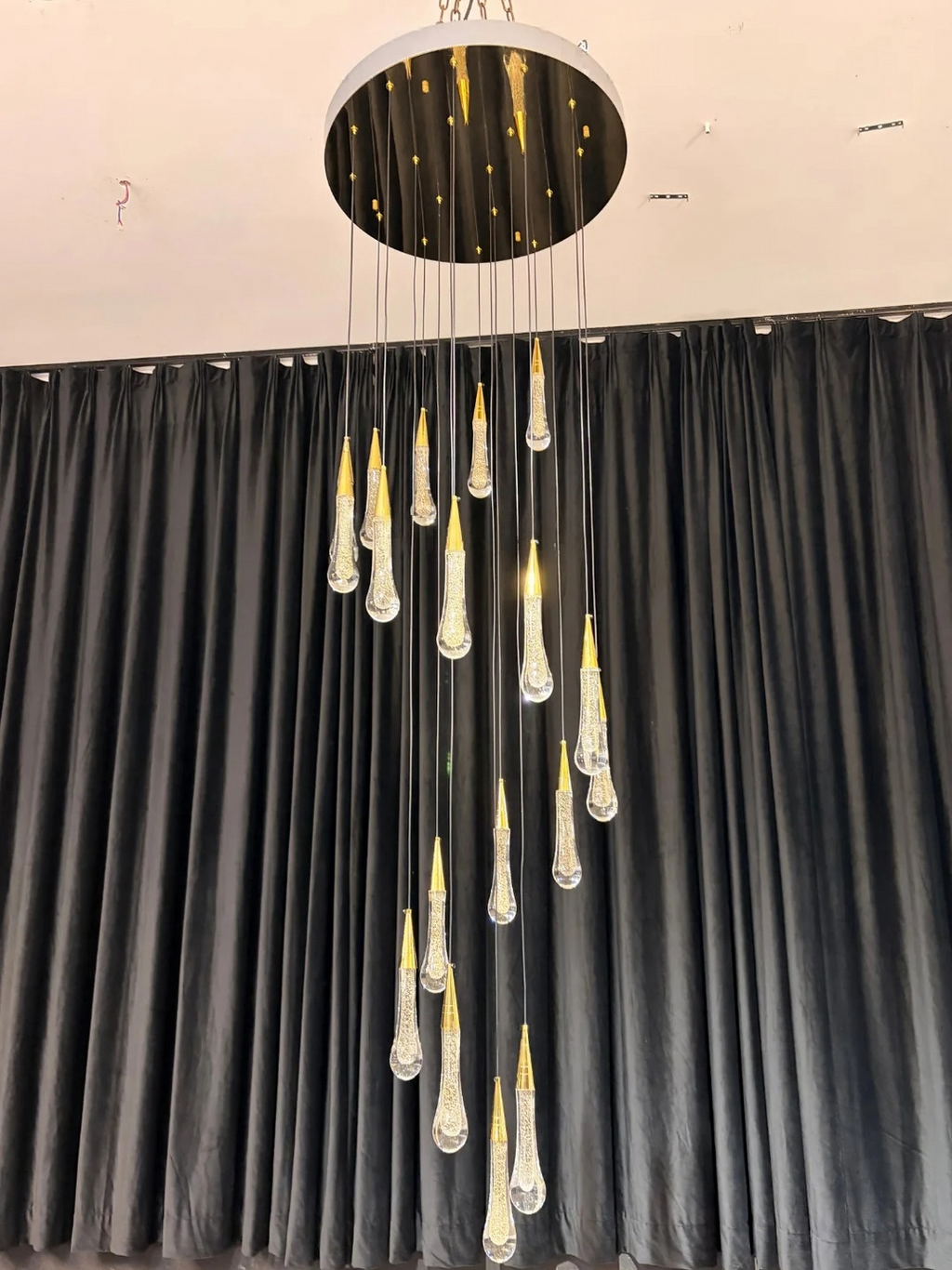 Spiral Raindrop Staircase Ceiling Lighting cascading raindrop crystal chandelier side view