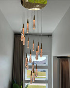 Spiral Raindrop Staircase Ceiling Lighting with cascading crystal drops for a high ceiling foyer