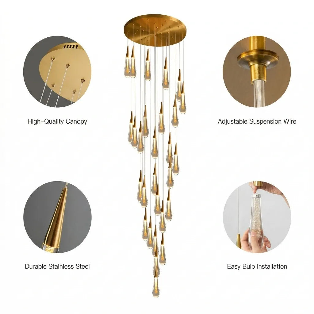 Spiral Raindrop Staircase Ceiling Lighting installation features guide image