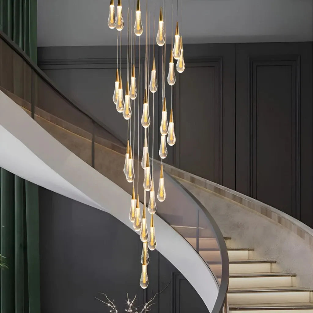 Spiral Raindrop Staircase Ceiling Lighting long LED teardrop pendant light for stairwell