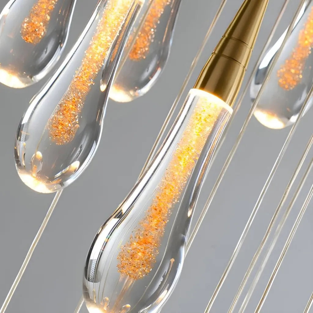 Spiral Raindrop Staircase Ceiling Lighting hand blown teardrop glass pendant detail