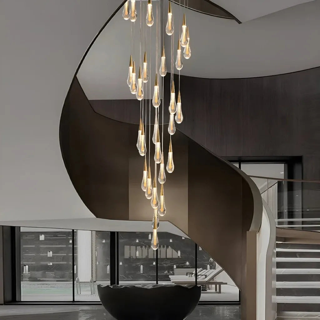 Spiral Raindrop Staircase Ceiling Lighting two story foyer chandelier with spiral glass drops