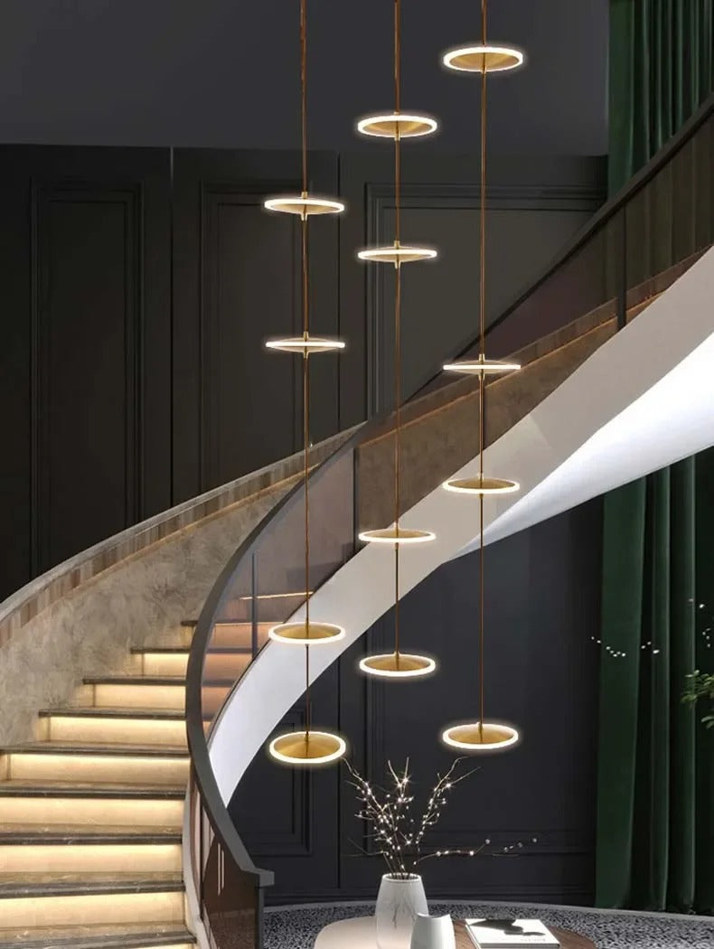 Spiral round Scandinavian chandelier detail view for staircase lighting