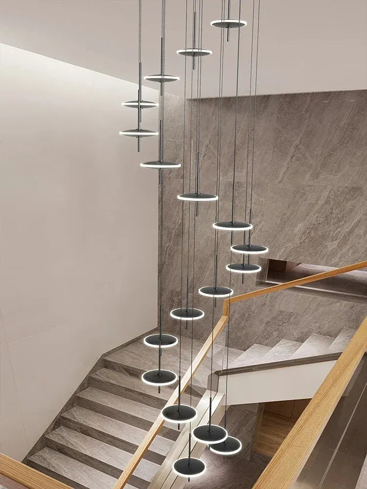 Spiral round Scandinavian chandelier hanging view for staircase