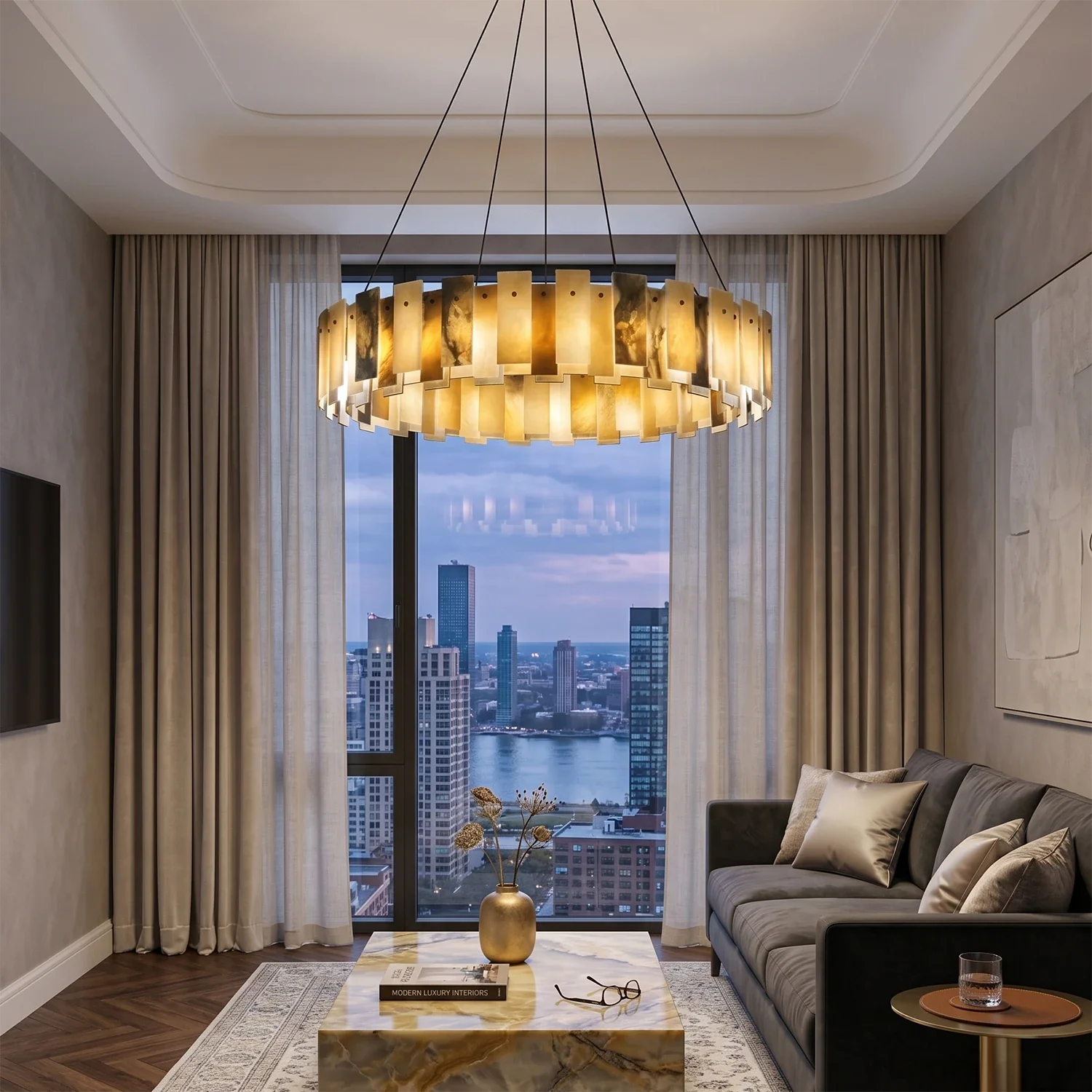 Tobacco-Hued Alabaster Chandelier by Bling Lighting Studio
