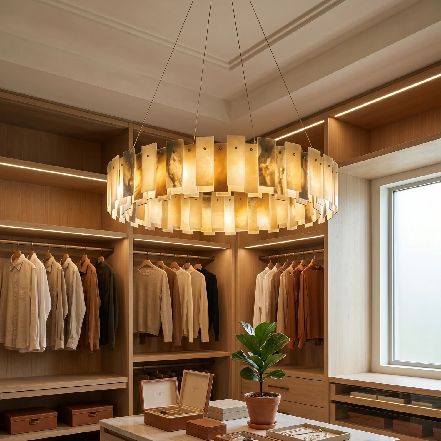 Tobacco-Hued Alabaster Chandelier by Bling Lighting Studio