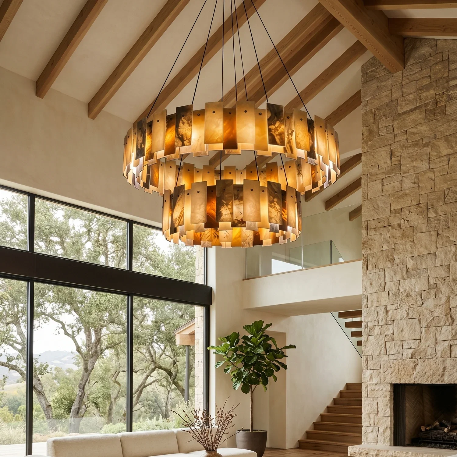 Tobacco-Hued Alabaster Chandelier by Bling Lighting Studio