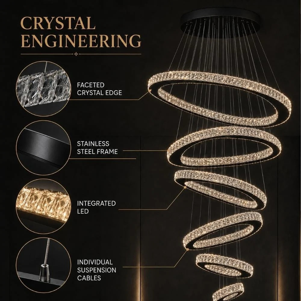 Twisted Ring Crystal Led Light Chandelier for High Ceiling crystal spiral ring chandelier detail view
