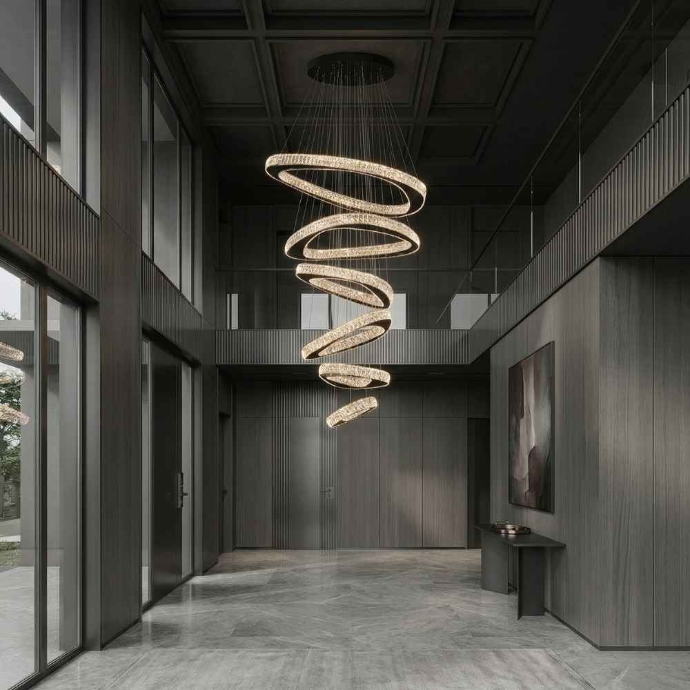 Twisted Ring Crystal Led Light Chandelier for High Ceiling in a foyer with cascading illuminated rings