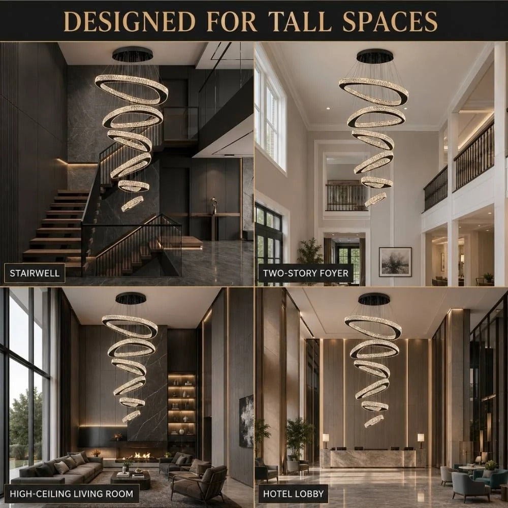 Twisted Ring Crystal Led Light Chandelier for High Ceiling with layered crystal ring pendant design