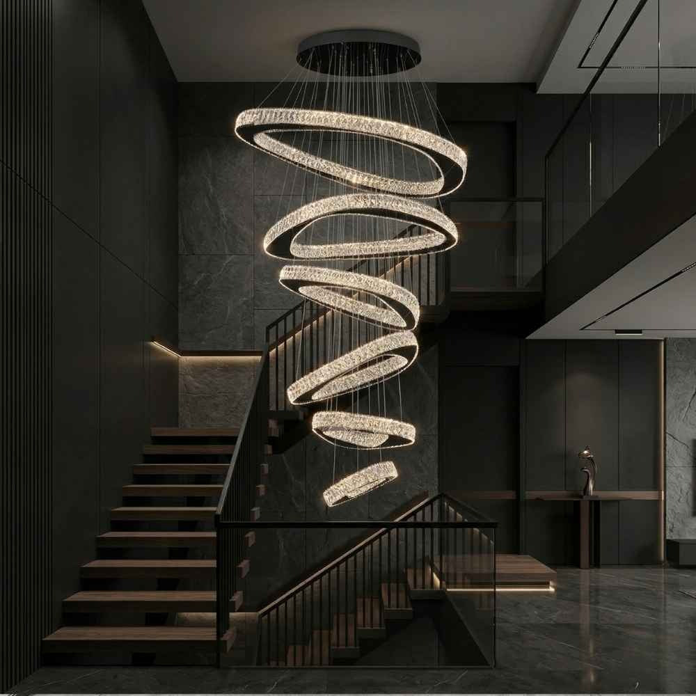 Twisted Ring Crystal Led Light Chandelier for High Ceiling crystal spiral chandelier for staircase spaces