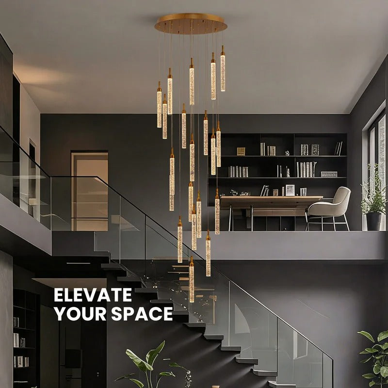 Uly Gold Crystal Chandelier for Foyer and High Ceiling shown in a modern entryway