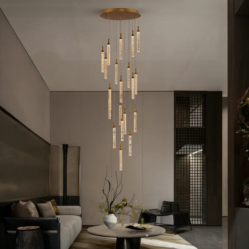 Uly Gold Crystal Chandelier for High Ceiling living room with cascading gold crystal pendants