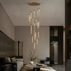 Uly Gold Crystal Chandelier for High Ceiling living room with cascading gold crystal pendants