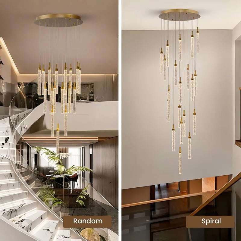 Uly Gold Crystal Chandelier for Staircase showing random and spiral hanging layout options