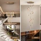 Uly Gold Crystal Chandelier for Staircase showing random and spiral hanging layout options
