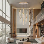 Uly Gold Crystal Chandelier for Staircase and Foyer installed in a villa living room with high ceiling