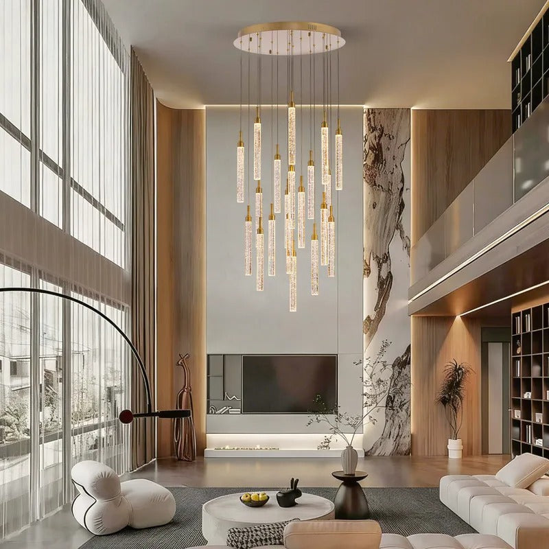 Uly Gold Crystal Chandelier for Staircase and Foyer installed in a villa living room with high ceiling