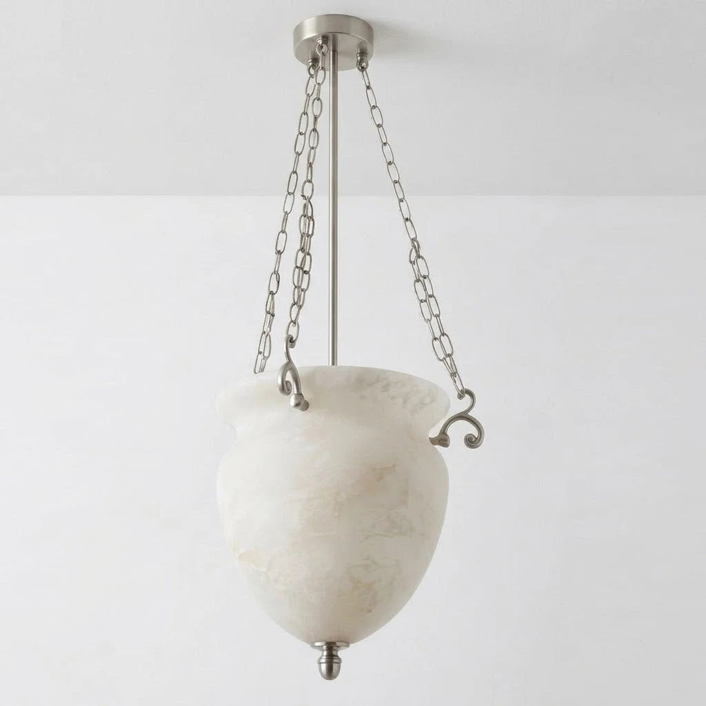 Valtherin Alabaster Urn Pendant Light — Dia 40cm x H 45cm / ∅ 15.7″ x H 17.7″ / Brushed Nickel & White