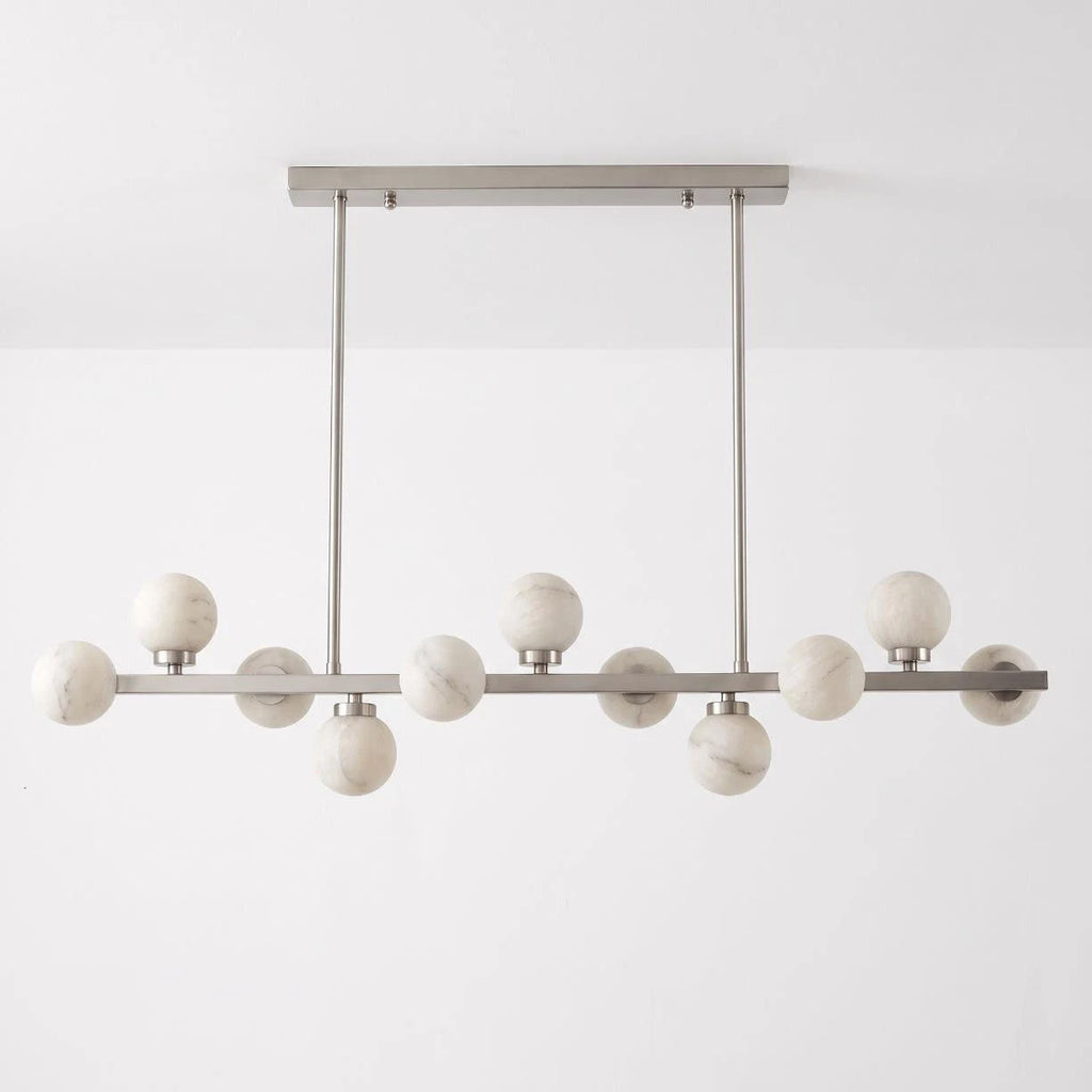 Valtherion Alabaster Globe Linear Chandelier — L 120cm x H 27cm / L 47.2″ x H 10.6″ / Brushed Nickel & White