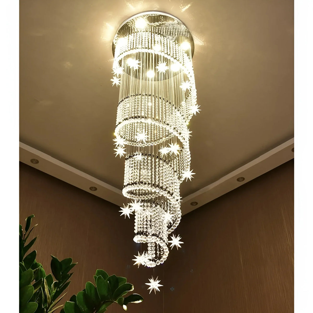 Vena Spiral Raindrop Crystal Chandelier for Staircase in a high ceiling foyer setting