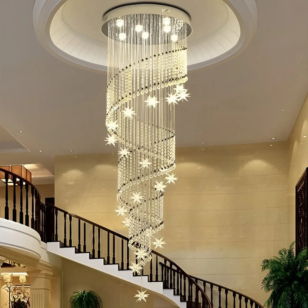 Vena Spiral Raindrop Crystal Chandelier for Staircase installed as a cascading ceiling chandelier