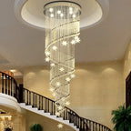 Vena Spiral Raindrop Crystal Chandelier for Staircase installed as a cascading ceiling chandelier