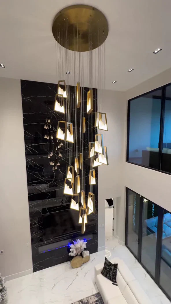Modern Luxury Alabaster Chandelier with Golden Brass Frame, Organic Floating Design chandelier in a tall interior