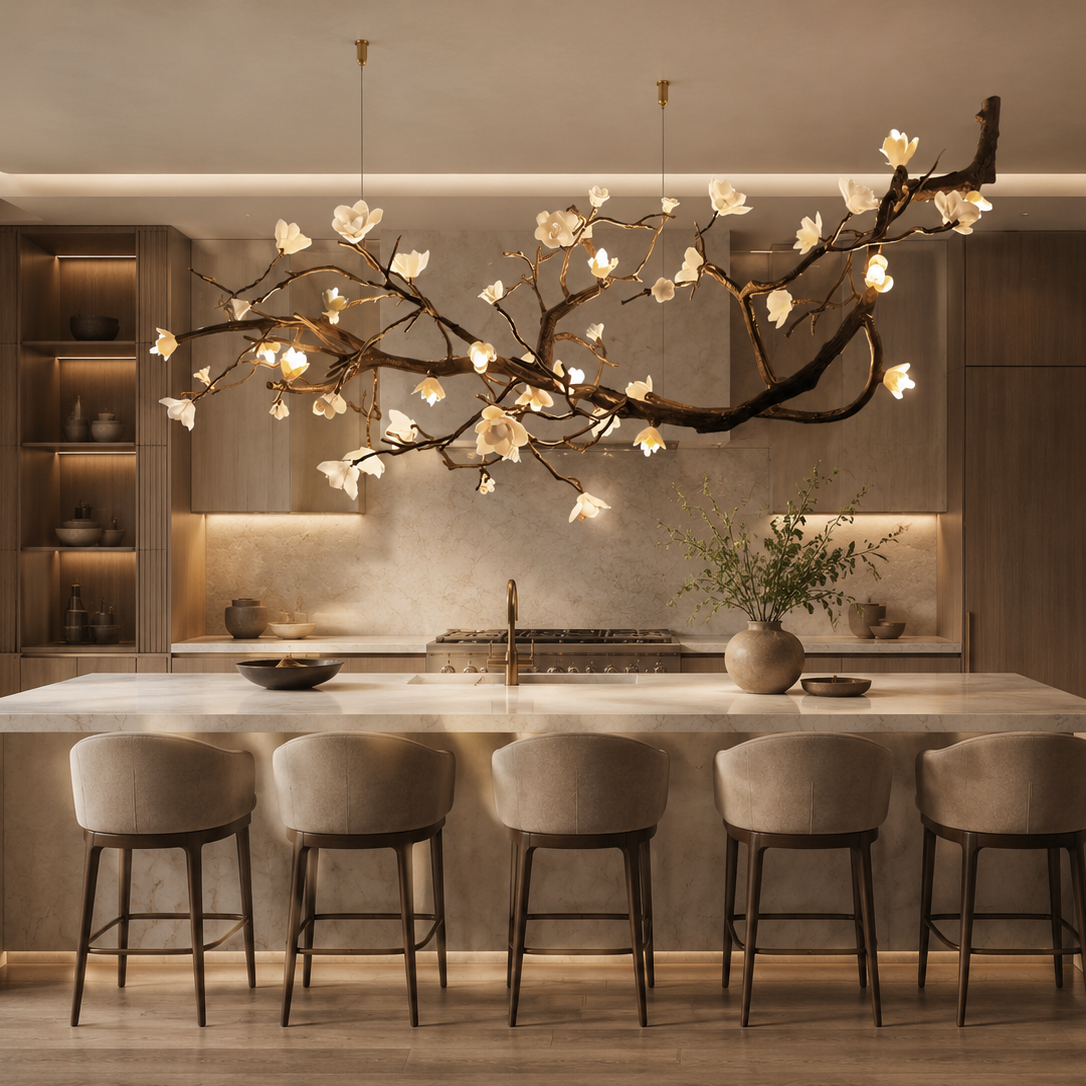 Wanos Ceramic Flower Branch Chandelier above a luxury marble kitchen island with warm wood cabinetry, soft ambient lighting, and a refined branch design.